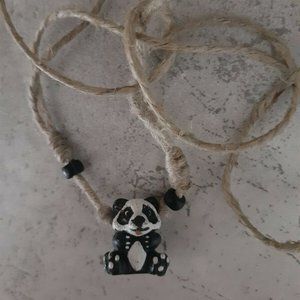 Vintage 90's Handmade Fimo Panda Bear Necklace w/ Hemp Rope